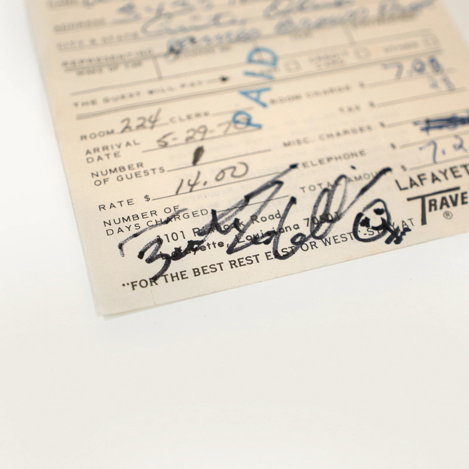 James Brown Productions Tour Hotel Invoice Signed by Bootsy Collins (1972) view 3