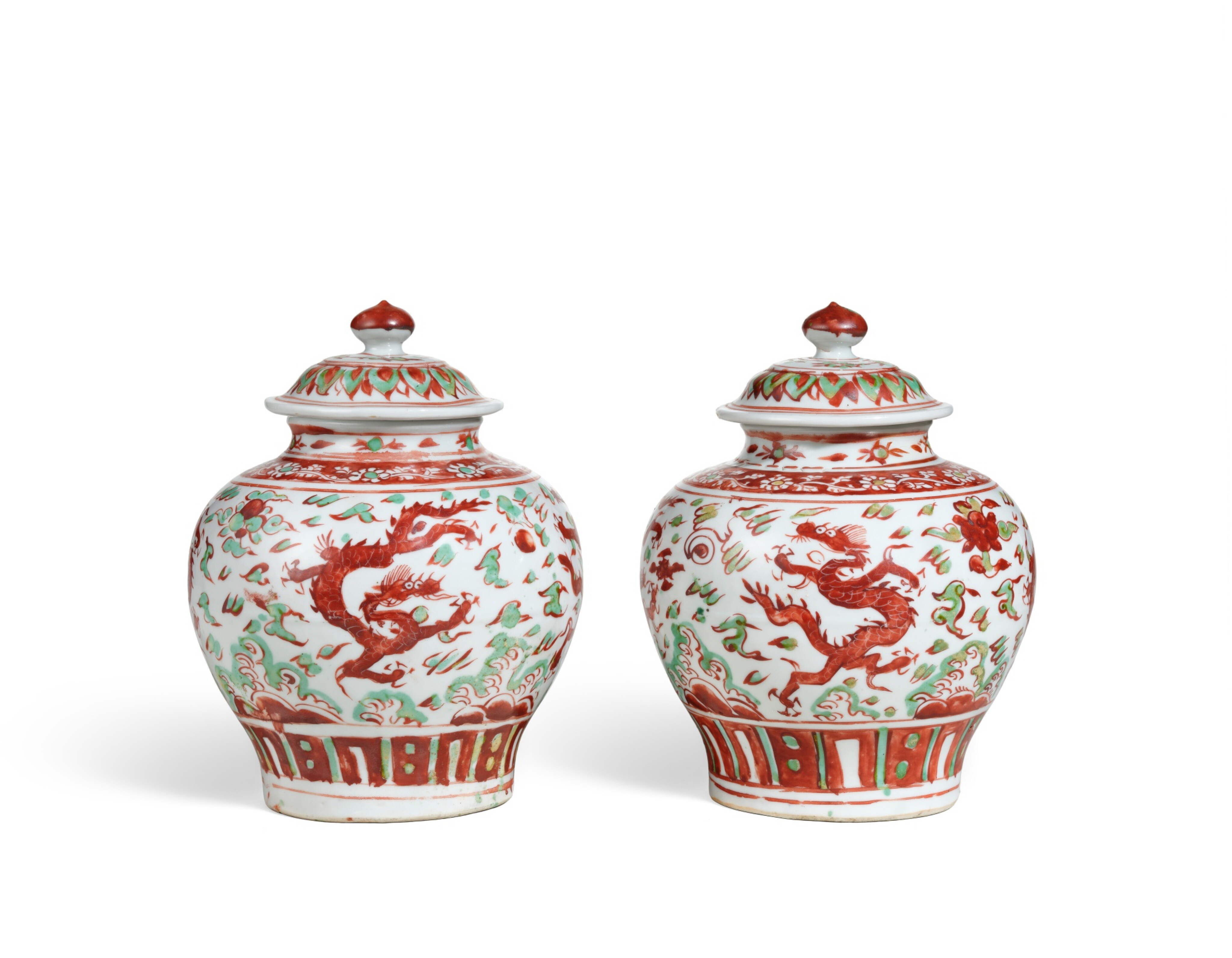 A pair of wucai 'dragon' jars and covers, Marks and period of Jiajing